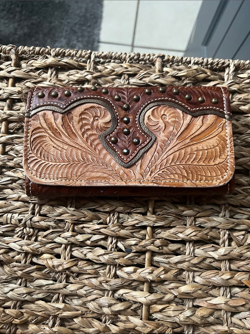 American West Tooled Leather Wallet in Tan and Dark Brown